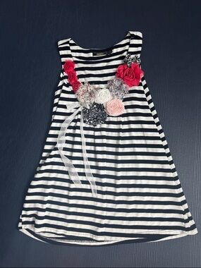 Radzoli Black & White Striped Tank Dress with Floral Embellishments, Y2K, Large